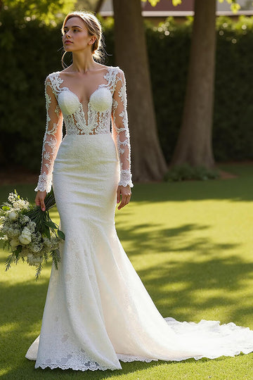 Ivory Mermaid V-Neck Court Train Wedding Dress